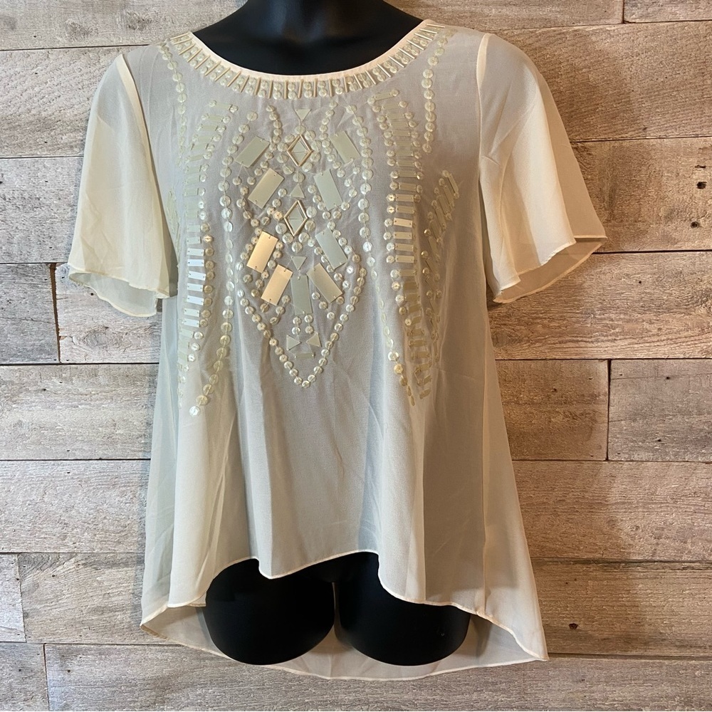 Lulumari women’s ivory ‎ beaded sheer blouse in size large